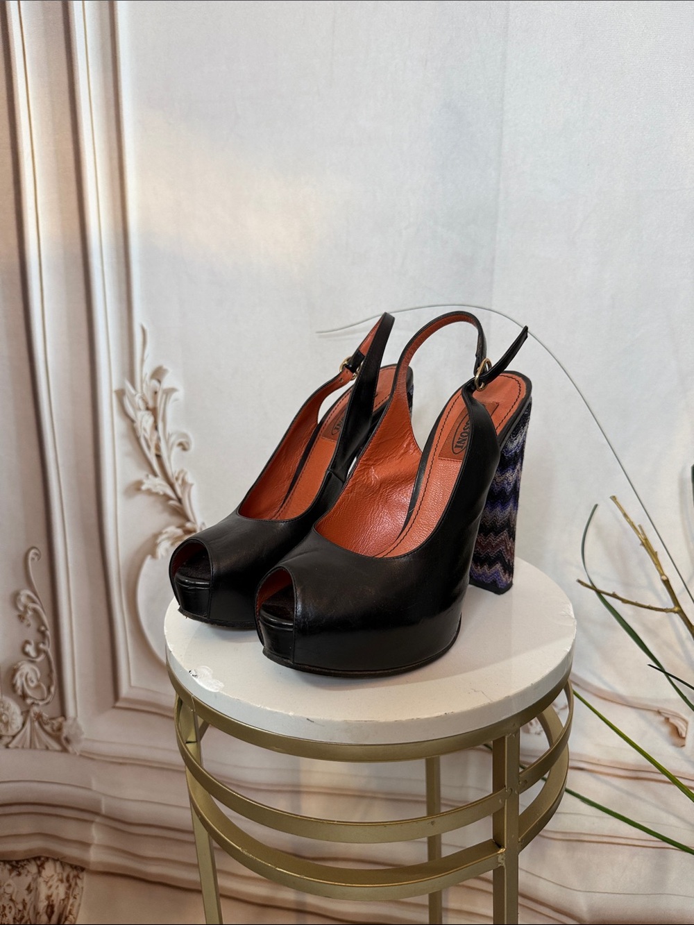 Missoni Black Leather Peep-Toe Slingback Heels with Patterned Chevron Block Heel